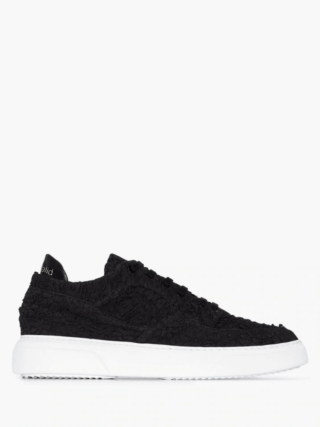 Black Embroidered Cotton Leather Trim Low Top Sneakers