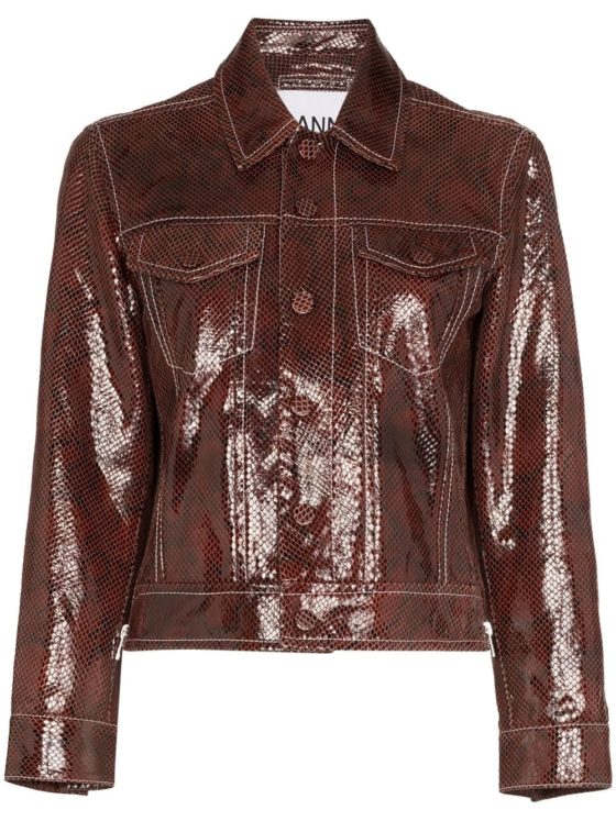 GANNI Snake-effect leather biker jacket