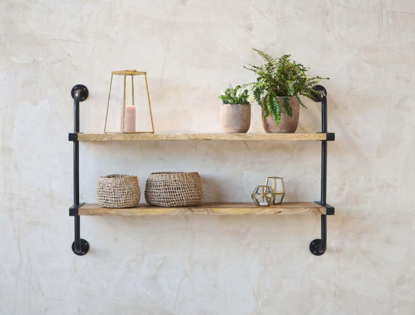 Wooden and metal shelves