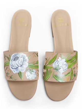 White Floral Hand Painted Slide in Nude $187