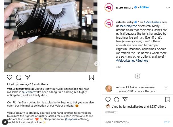 An example of Estée Laundry criticizing the ethics behind a beauty product