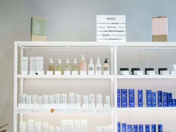 Skincare products on shelves