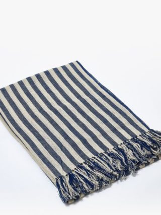 the conran shop | woven linen candy stripe throw in navy | £130